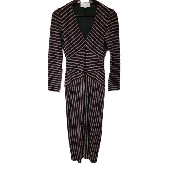 Fleur Du Mal Mitered Long Sleeve Body Midi Dress Striped Glitter Size Large - Picture 2 of 12